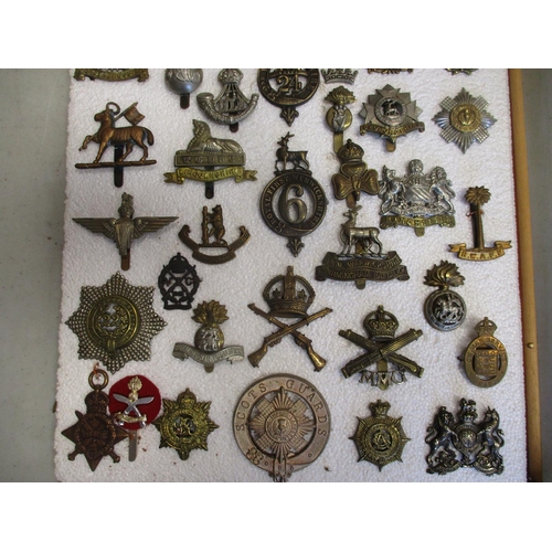 136 - Collection of mainly cap badges and shoulder titles mounted on polystyrene within 2 glass frames, sh... 