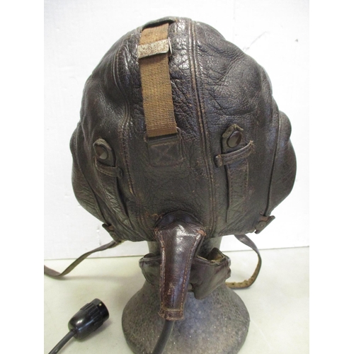 145 - Luftwaffe Winter Flying Helmet LKpW101 with throat mike and lead, brown leather shell with wool lini... 