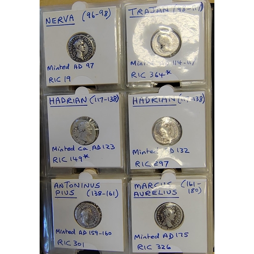 278 - Ancient silver coin collection in folder mostly Roman denrai in fair/fine condition with Republican,... 