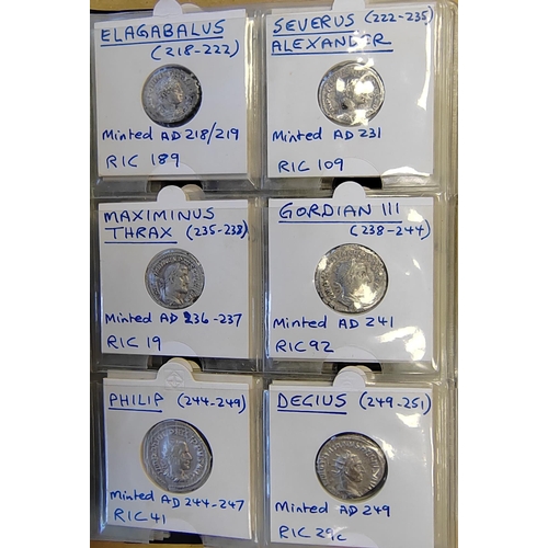 278 - Ancient silver coin collection in folder mostly Roman denrai in fair/fine condition with Republican,... 