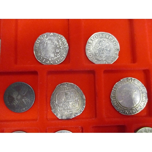 320 - Mainly shilling collection in Lindner tray with Elizabeth mintmark escallop, James I mintmark lis, C... 