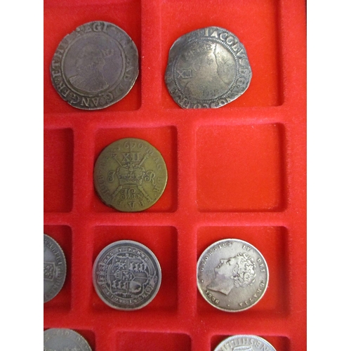 320 - Mainly shilling collection in Lindner tray with Elizabeth mintmark escallop, James I mintmark lis, C... 