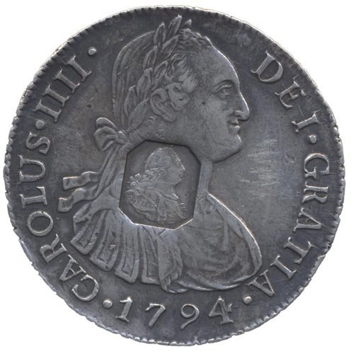 425 - George III. Emergency issue dollar with octagonal countermark on Peru 1794 8 reales (Lima Mint), cou... 