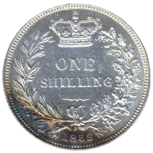 447 - 1839 shilling type A3 young head extremely fine, staining to both sides. (See photo) (Y)