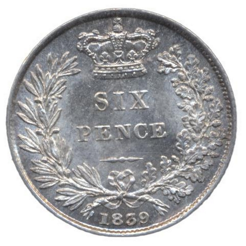 450 - 1839 young head six pence, serated edge good extremely fine. (See photo) (Y)