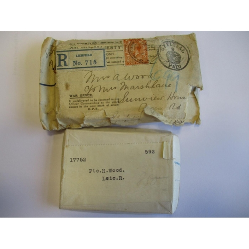 57 - 1914-15 Star trio to 17752 Pte H. Wood Leic R. nearly mint in box of issued and envelope of issue to... 