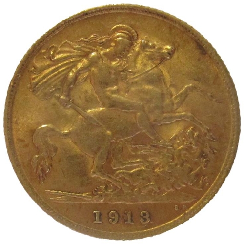 575 - Investment Gold lot - documents required. 1913 half sovereign fine. (Y)