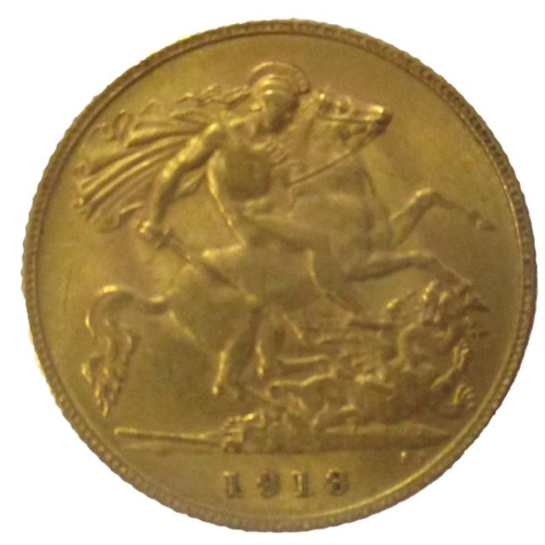 576 - Investment Gold lot - documents required. 1913 half sovereign good fine. (Y)