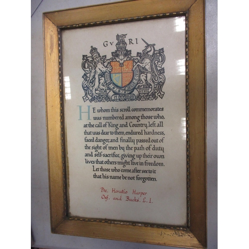 63 - WW1 BWM, Victory Medal, Memorial Plaque and Memorial Scroll to 25966 Pte H. Harper Oxf & Bucks L.I. ... 