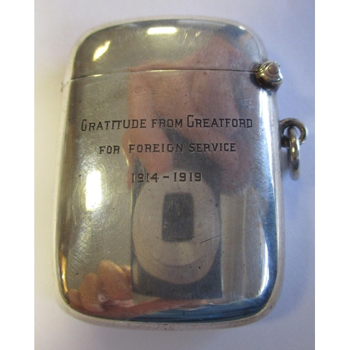 67 - WW1 silver tribute vesta match case engraved Gratitude From Greatford For Foreign Service 1914-1919 ... 