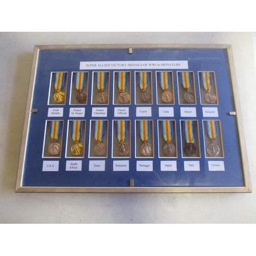 87 - 3 sets of 16 miniature WW1 Victory Medals with each medal identified, 2 sets in presentation boxes, ... 