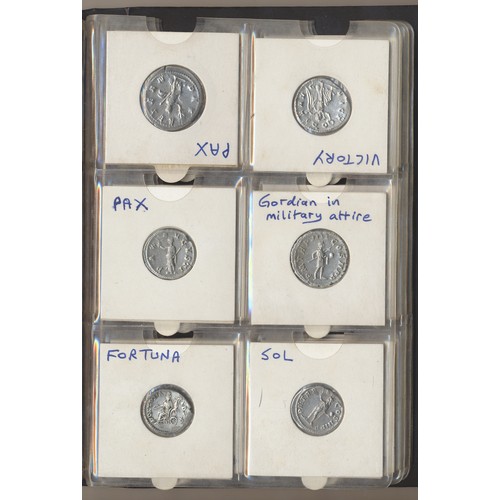 278 - Ancient silver coin collection in folder mostly Roman denrai in fair/fine condition with Republican,... 