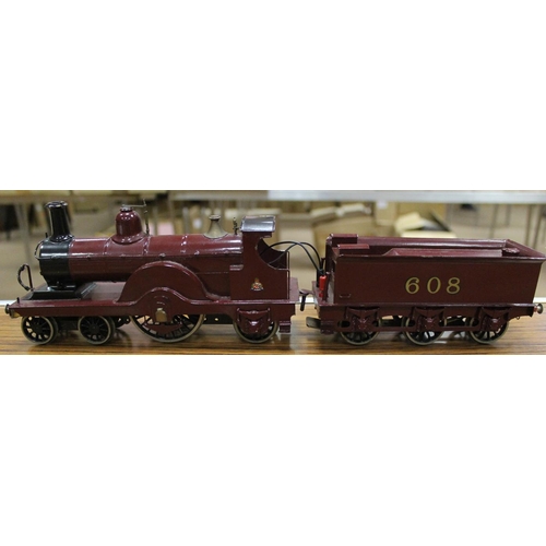 373 - Unknown Manufacturer. Unboxed O gauge 4-2-2 LMS maroon No.608 locomotive with tender in near excelle... 