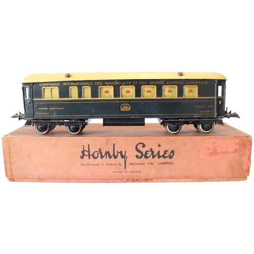 405 - Hornby. Riviera Blue train Dining car with Celluloid strips at windows good plus with minor paint to... 