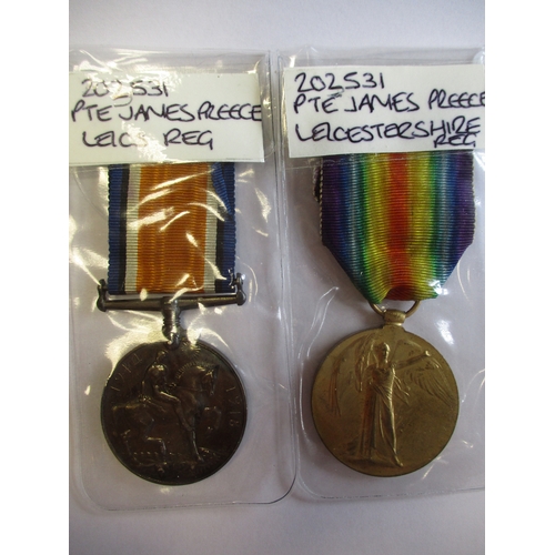 25 - WW1 Leicestershire Regt range with:
1. BWM & Victory Medal to 203531 Pte J. Preece Leic R. With copi... 