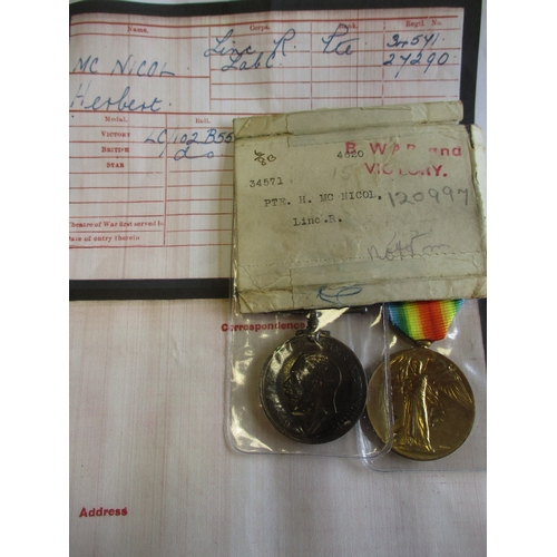 26 - Medals WW1 range with:
1. BWM and Victory Medal to 34571 Pte H. McNicol Linc R. With crushed box lid... 