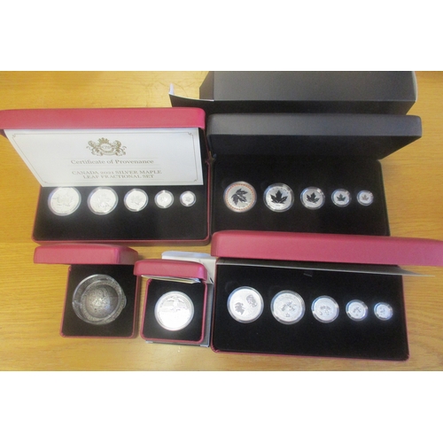 860 - Canada. Range of boxed silver proofs FDC, with Maple Leaf Fractional sets of 5 2019, 2021 and 2023, ... 