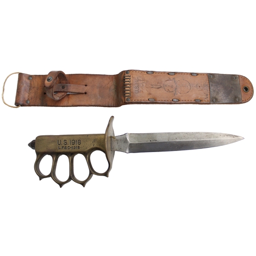 89 - U.S. Model 1918 knuckleduster trench knife Landers, Frary & Clark and scabbard, hilt stamped U.S. 19... 