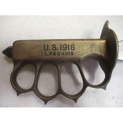 89 - U.S. Model 1918 knuckleduster trench knife Landers, Frary & Clark and scabbard, hilt stamped U.S. 19... 