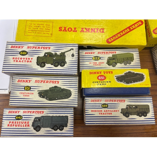 477 - Dinky. Collection including tank transporter No 660, recovery tractor No 661, 10-ton army truck No 6... 