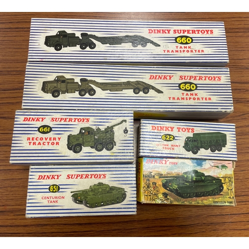 481 - Dinky. Collection including tank transporter No 660 (2), recovery tractor No 661, 10-ton army truck ... 