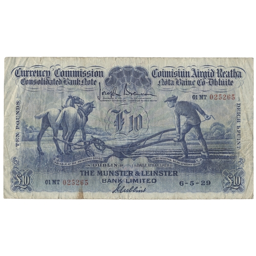 420 - Republic of Ireland. Munster & Leinster Bank Ltd Brennan/ Gubbins 1929 (6 May) £10 01MT 025265 fine.... 