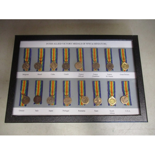 76A - 3 sets of 16 miniature WW1 Victory Medals with each medal identified, 2 sets in presentation boxes, ... 