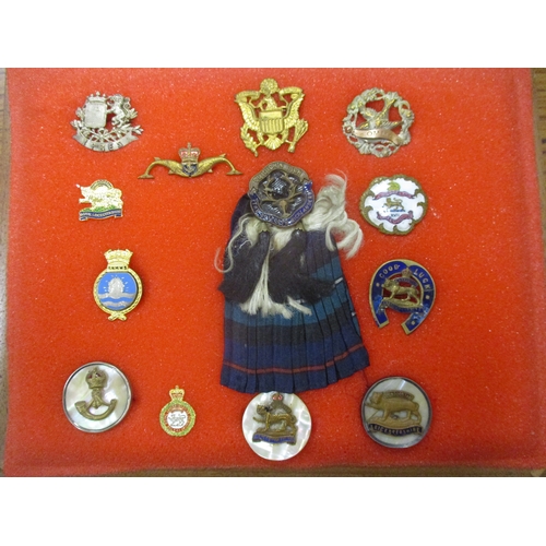 155 - Varied collection with range of sweetheart badges, Warden's Brodie helmet, bugles (2), 1914 Xmas tin... 