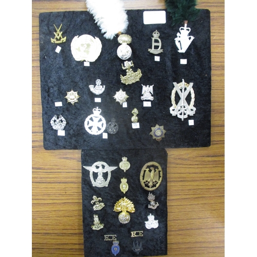 160 - Range of cap badges, shoulder titles, buttons etc mounted on boards, strength in Leicester Regt & Ye... 