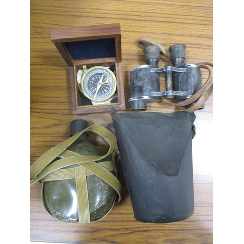 163 - Accumulation in 3 boxes including RN cap tallys, compass, binoculars, water bottle, gas mask, inert ... 