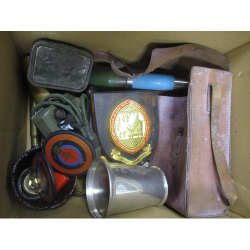 163 - Accumulation in 3 boxes including RN cap tallys, compass, binoculars, water bottle, gas mask, inert ... 