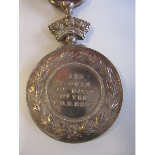 23 - 1867-68 Abyssinian War Medal to 570 T. Owen 1st Battn 4th The K.O.R. Regt neat repair to suspension,... 