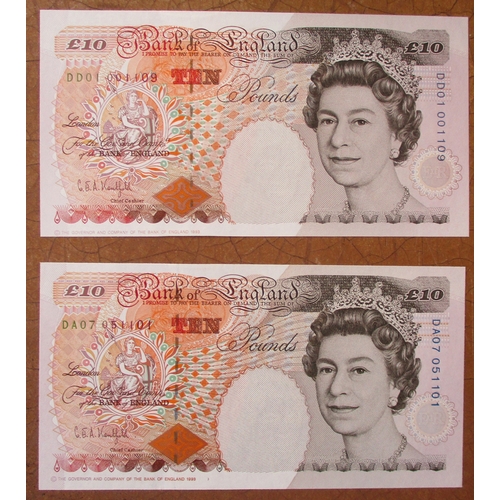 328 - G.E.A. Kentfield. £10 collection generally uncirculated with DD01 001109 first run, KK99 001158 last... 