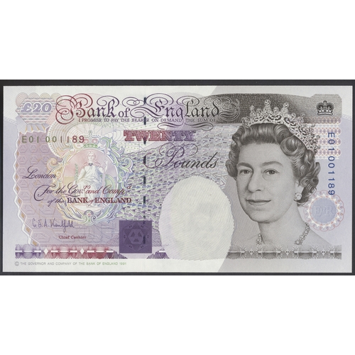 335 - G.E.A. Kentfield. £20 E01 001189 first run uncirculated. (Duggleby B371) (See photo) (N)