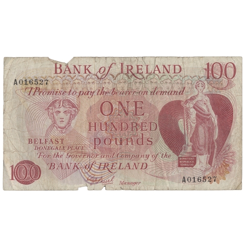 433 - Northern Ireland. Bank of Ireland. A.S.J. O'Neill. £100 A016527, 25mm tear approx, fair. (BNYB NI.25... 