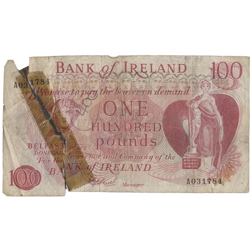 437 - Northern Ireland. Bank of Ireland. A.S.J. O'Neill. £100 A031784, tape to repair tear, graffiti 400 c... 