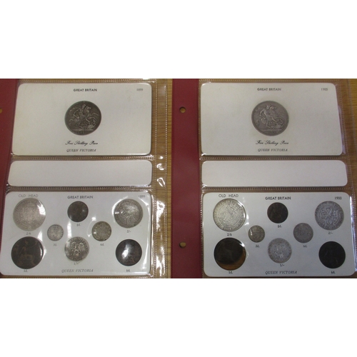 509 - Collection of QV Old head coinage in album leaves, generally good fine to very fine, with crowns 189... 