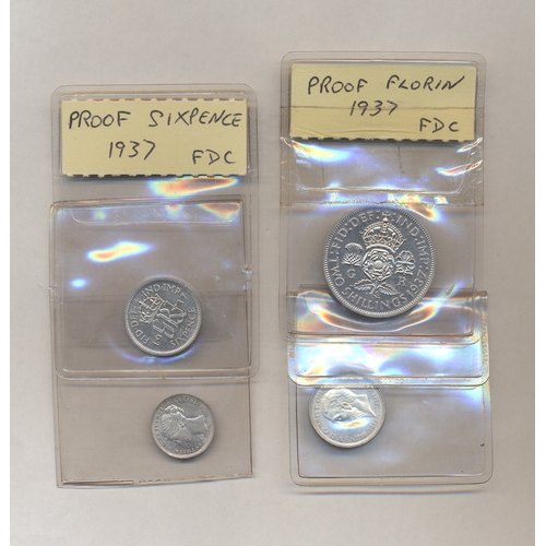 558 - Range with 1927 6d, 1937 florin and 6d proofs FDC and 1875 3d uncirculated. Qty 4 (Y)