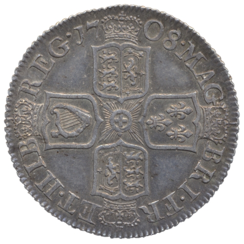 605 - 1708 shilling plain angles nearly extremely fine. (See photo) (Y)