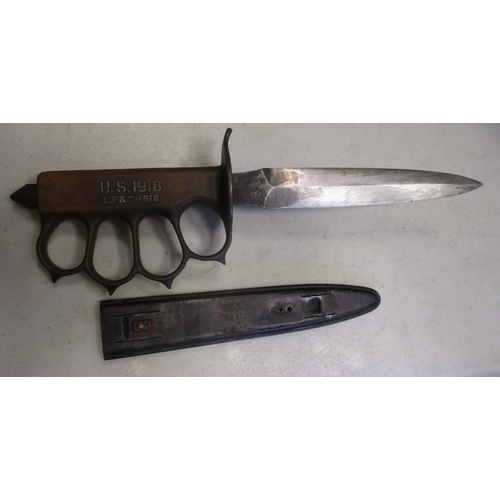 81 - U.S. Model 1918 knuckleduster trench knife by Landers, Frary & Clark and scabbard, hilt stamped U.S.... 