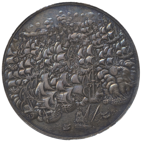 907 - 1639 Spanish fleet destroyed by the Dutch off Dover 63mm silver medal by J. Looff good very fine. (E... 