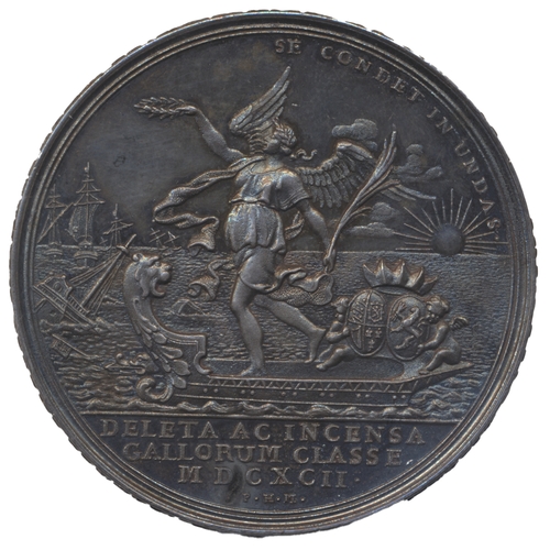 909 - 1692 Battle of Le Hogue 49mm silver medal by P.H. Muller extremely fine. (Eimer 347) (See photo) (Y)