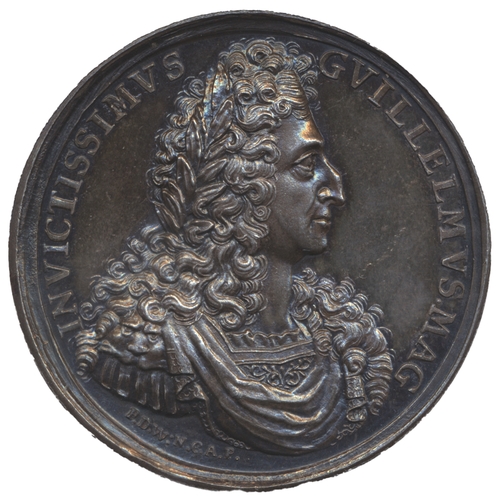 910 - 1692 Battle of Le Hogue 47mm silver medal bust of William III right INVICTISSIMVS GVILLELMVS MAG, re... 