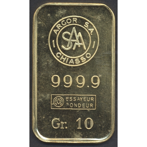 920 - Switzerland. Argor S.A. Chiasso SAA bank 10g ingot 999.9 extremely fine. (Y)