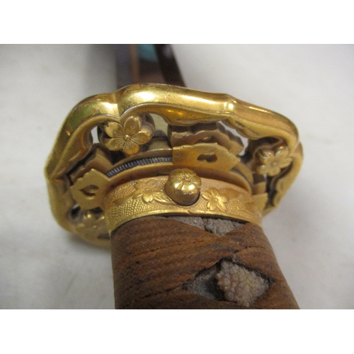 93 - WW2 Japanese Army officer's Shin-Gunto and scabbard, bright golden finish to tsuba, seppa, fuchi, po... 