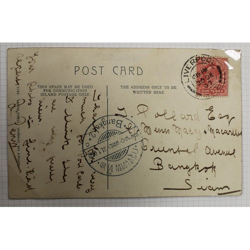 242 - Thailand. Mail into Siam. A small selection in an album comprising of 3 postcards from Great Britain... 