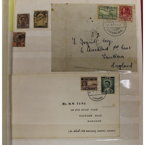 242 - Thailand. Mail into Siam. A small selection in an album comprising of 3 postcards from Great Britain... 