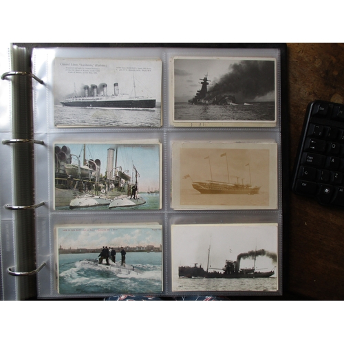 43 - Misc. coln. in modern album. Shipping incl. merchant, naval, paddle steamers, lifeboats, submarines,... 