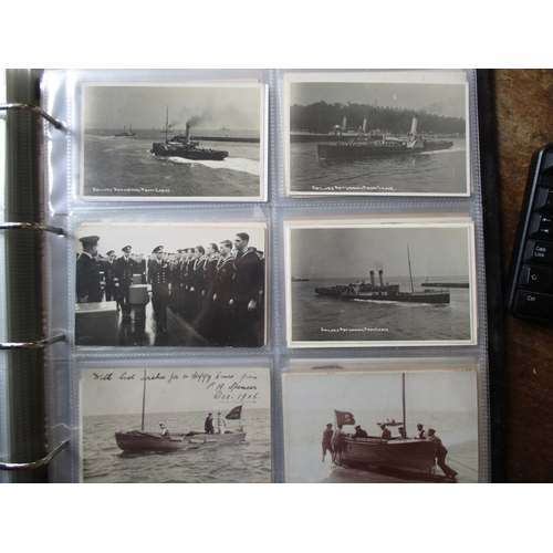 43 - Misc. coln. in modern album. Shipping incl. merchant, naval, paddle steamers, lifeboats, submarines,... 