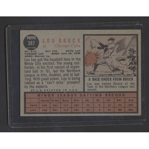 38 - Topps. Single card in plastic holder, Lou Brock of Chicago Cubs 1962 Rookie, Topps 387, generally go... 